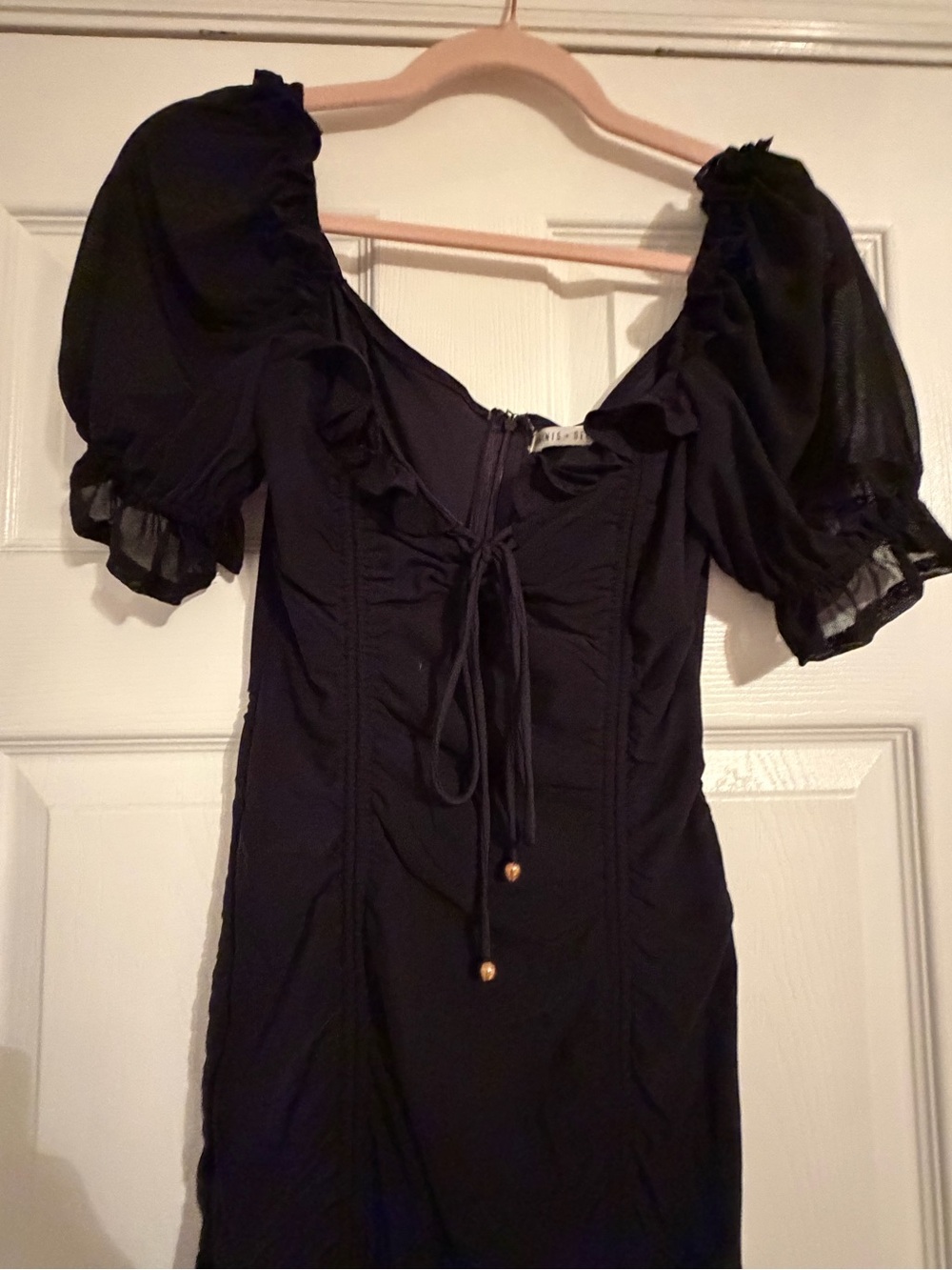 Black Puff Sleeve Tie-Front Mini Dress